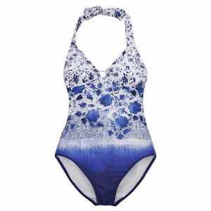 Ivanka Trump V-Neck Halter One-Piece Swimsuit Blue White chinoiserie style Sz 8